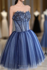 Charming Blue Lace Tule A Lin Short Semi Formal Prom Dress, Homecoming Dress